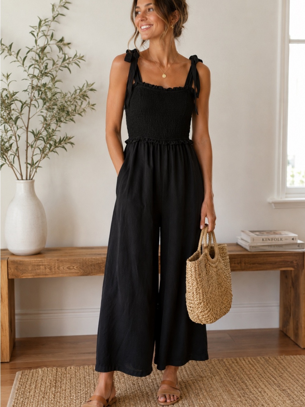 ee:some Black Smocked Tie Strap Midi Dress NWT